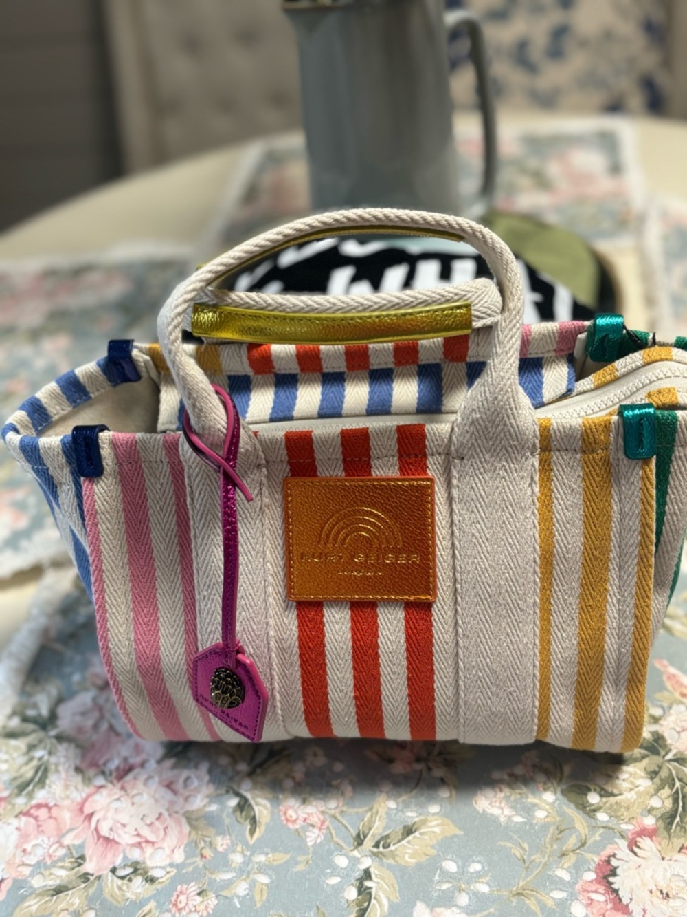 Kurt Geiger Striped Canvas Tote in Pink, Orange, Yellow & Green - Picture 13 of 16
